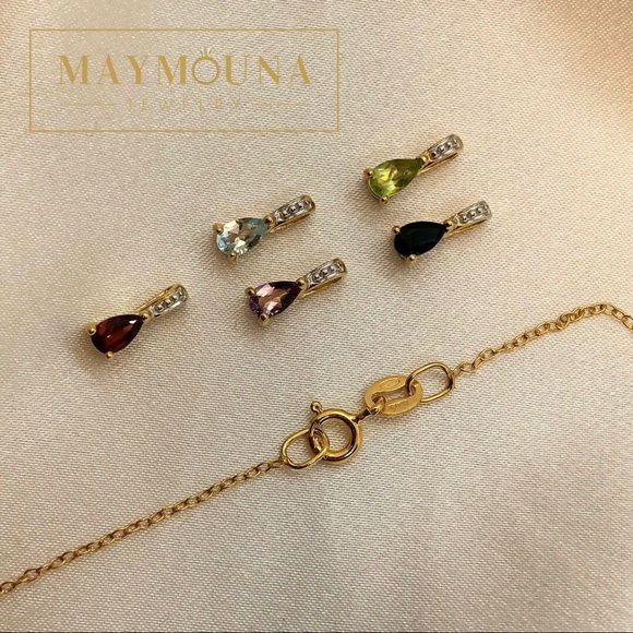 14k Yellow Gold 5 Gemstone Tear Drop Necklace - Picture 5 of 10